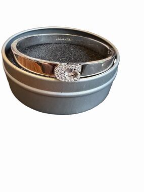 Coach Silver Tone Crystal “C” Hinged Bangle Bracelet Pavé Logo Signature Cuff